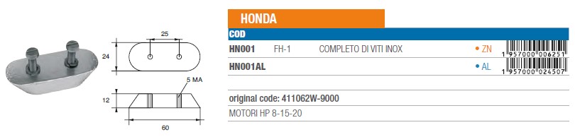 Anode aus Aluminium für Honda 8-15-20 PS - Original Teilnummer 411062W-9000 (HN001AL) 6