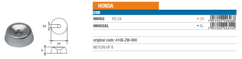 Anode aus Zink für Honda 8 PS - Original Teilnummer 4106-ZW-000 (HN002) 6