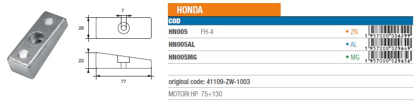 Anode aus Magnesium für Honda 75÷130 PS - Original Teilnummer 41109-ZW-1003 (HN005MG) 6