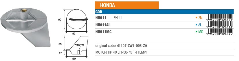 Anode aus Magnesium für Honda 40 EFI-50-75 PS - 4 Takt - Original Teilnummer 41107-ZW1-003-ZA (HN011MG) 6