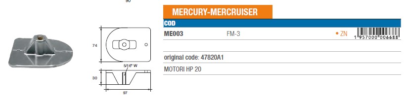 Anode aus Zink für Mercury Mercruiser 20 PS - Original Teilnummer 47820A1 (ME003) 6
