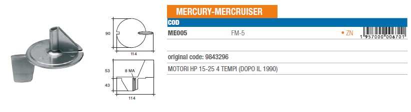 Anode aus Zink für Mercury Mercruiser 15-25 PS - 4 T. ab 1990 - Original Teilnummer 9843296 (ME005) 6
