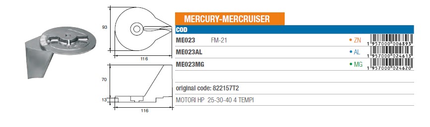 Anode aus Zink für Mercury Mercruiser 25-30-40 PS - 4T. - Original Teilnummer YYY (ME023) 6