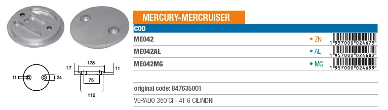 Anode aus Aluminium für Mercury Mercruiser VERADO 350 CI - 4T 6 Zyl. - Original Teilnummer 847635001 (ME042AL) 6