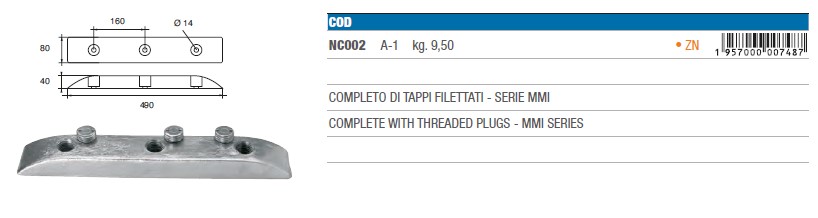 Zinkanoden für Bootsrumpf - NC002 - kg 9,50 8