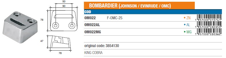 Anode aus Aluminium für Johnson Evinrude KING COBRA - Original Teilnummer 3854130 (OM022AL) 6