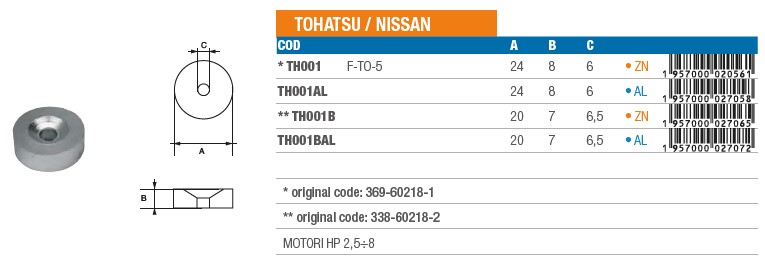 Anode aus Zink für Tohatsu/Nissan 2,5÷8 PS - Original Teilnummer 338-60218-2 (TH001B) 6