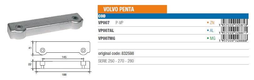 Anode aus Aluminium für Volvo Penta SERIE 250 - 270 - 280 - Original Teilnummer 832598 (VP007AL) 6