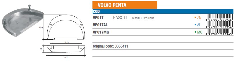 Anode aus Zink für Volvo Penta - Original Teilnummer 3855411 (VP017) 6