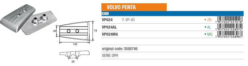 Anode aus Zink für Volvo Penta SERIE DPH - Original Teilnummer 3588746 (VP024) 6