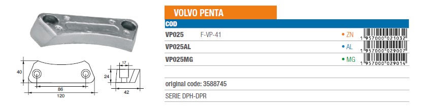 Anode aus Aluminium für Volvo Penta SERIE DPH-DPR - Original Teilnummer 3588745 (VP025AL) 6
