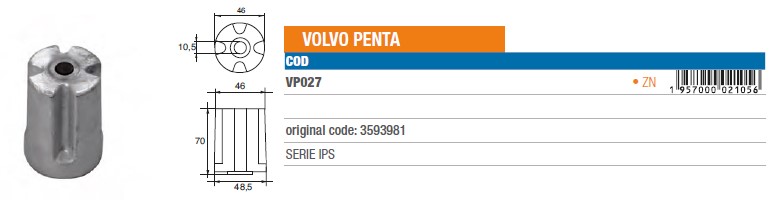 Anode aus Zink für Volvo Penta SERIE IPS - Original Teilnummer 3593981 (VP027) 6