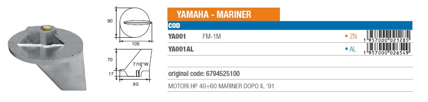Anode aus Aluminium für Yamaha Mariner 40÷60 PS Mariner ab '91 - Original Teilnummer 6794525100 (YA001AL) 6