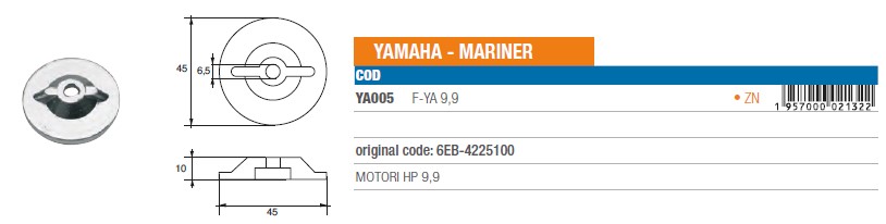 Anode aus Zink für Yamaha Mariner 9,9 PS - Original Teilnummer 6EB-4225100 (YA005) 6