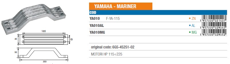Anode aus Aluminium für Yamaha Mariner 115÷225 PS - Original Teilnummer 6G5-45251-02 (YA010AL) 6