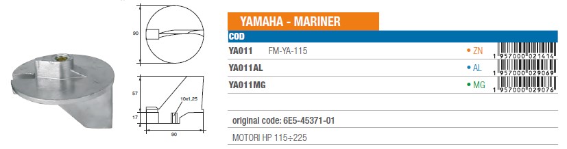 Anode aus Magnesium für Yamaha Mariner 115÷225 PS - Original Teilnummer 6E5-45371-01 (YA011MG) 6