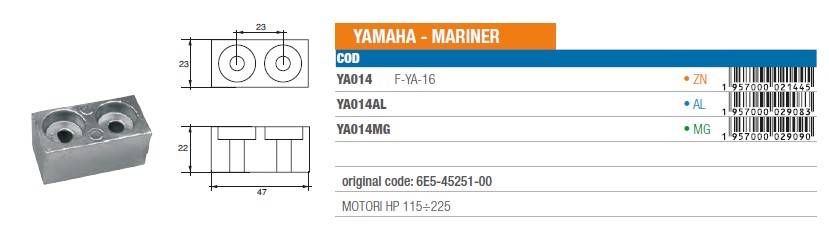 Anode aus Aluminium für Yamaha Mariner 115÷225 PS - Original Teilnummer 6E5-45251-00 (YA014AL) 6