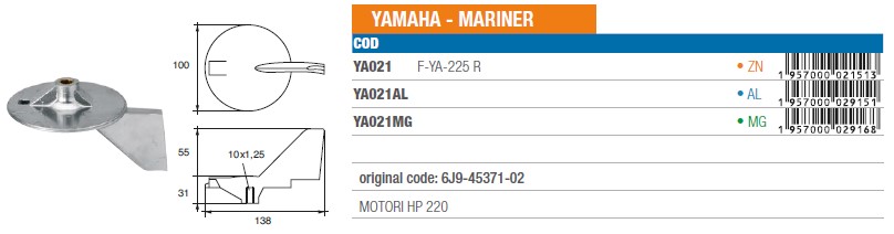 Anode aus Magnesium für Yamaha Mariner 220 PS - Original Teilnummer 6J9-45371-02 (YA021MG) 6