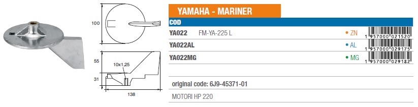 Anode aus Magnesium für Yamaha Mariner 220 PS - Original Teilnummer 6J9-45371-01 (YA022MG) 6