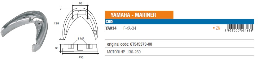 Anode aus Zink für Yamaha Mariner 130-260 PS - Original Teilnummer 6T545373-00 (YA034) 6