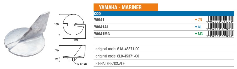 Anode aus Zink für Yamaha Mariner - Original Teilnummer 61A-45371-00 und 6L9-45371-00 (YA041) 6