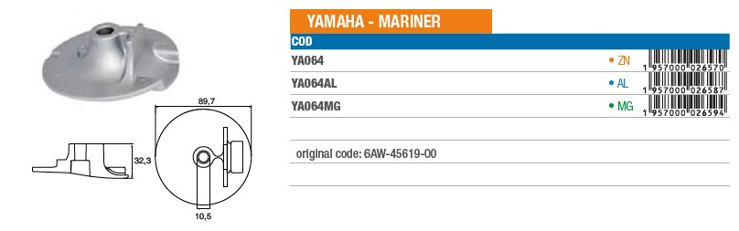Anode aus Magnesium für Yamaha Mariner - Original Teilnummer 6AW-45619-00 (YA064MG) 6