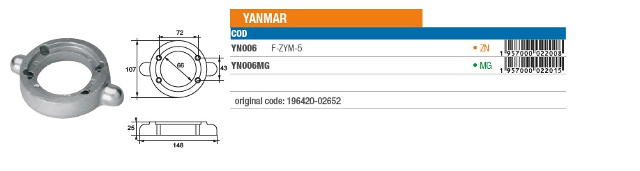 Anode aus Zink für Yanmar - Original Teilnummer 196420-02652 (YN006) 6
