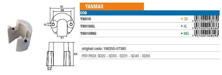 Anode aus Zink für Yanmar SD20 - SD30 - SD31 - SD40 - SD50 - Original Teilnummer 196350-07360 (YN010) 6