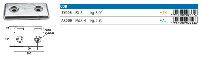 Zinkanoden für Bootsrumpf - ZX006 - kg 8,00 8