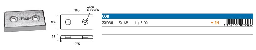 Zinkanoden für Bootsrumpf - ZX030 - kg 6,00 8