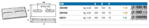 Zinkanoden für Bootsrumpf - ZX030A - kg 3,50 5