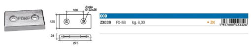 Zinkanoden für Bootsrumpf - ZX030 - kg 6,00 5